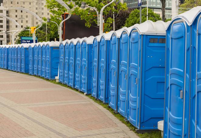 a fleet of portable restrooms ready for use at a large outdoor wedding or celebration in Agoura Hills